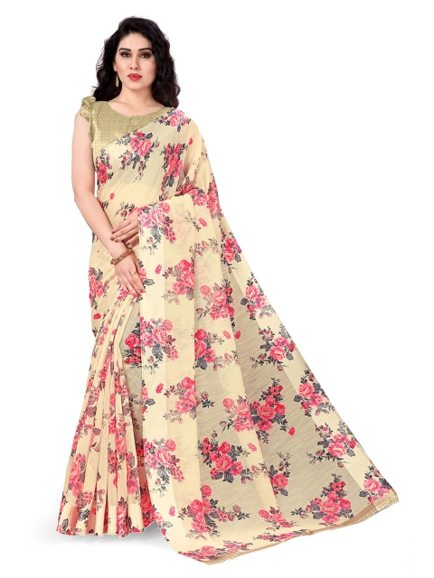 

KALINI Beige & Pink Floral Polycotton Bagh Saree