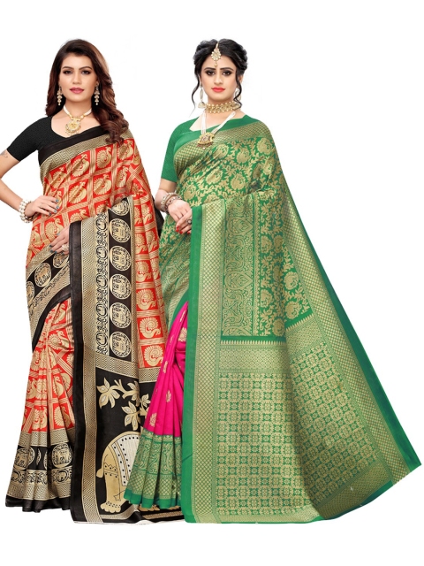 

KALINI Pack Of 2 Green & Orange Floral Art Silk Sarees