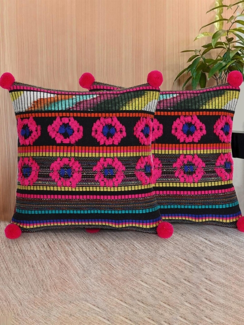

Mezposh Pink & Black Set of 2 Embellished Square Cushion Covers