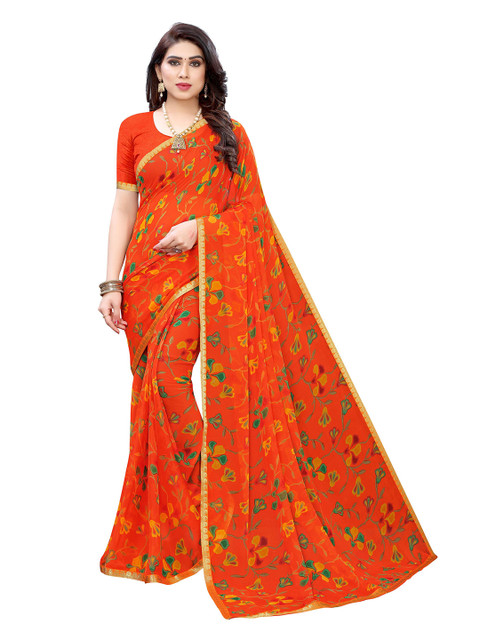 

KALINI Orange & Yellow Floral Pure Chiffon Saree