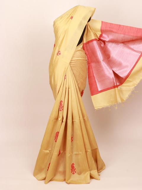 

Pothys Cream-Coloured Ethnic Motifs Embroidered Jute Silk Saree