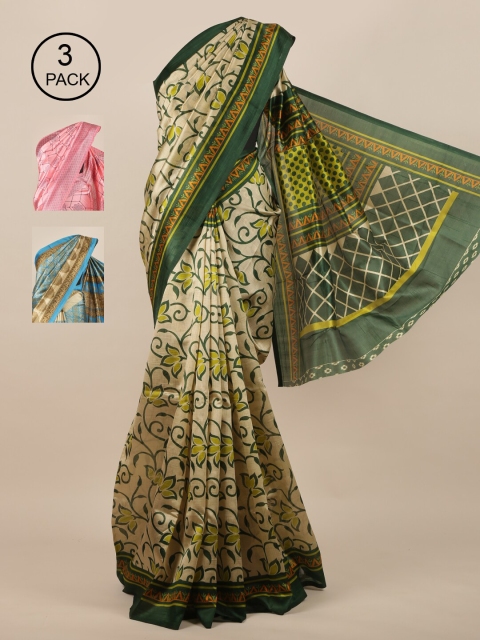

Pothys Cream-Coloured & Pink Floral Pack of 3 Jute Silk Saree