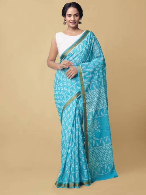 

Unnati Silks Blue & White Hand Block Ethnic Motifs Pure Cotton Dabu Saree
