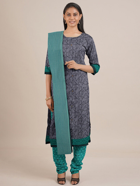 

Pothys Grey & Sea Green Printed Unstitched Dress Material