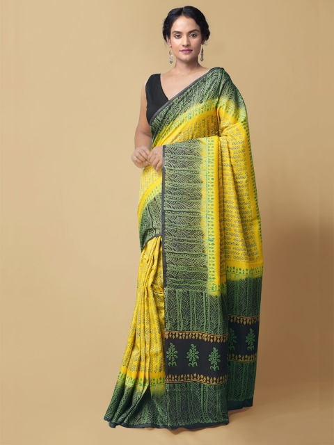 

Unnati Silks Yellow & Sea Green Pure Silk Baluchari Saree