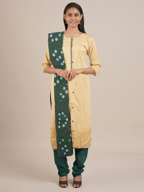 

Pothys Cream-Coloured & Green Unstitched Dress Material