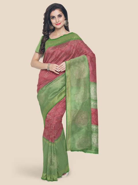 

KLM Fashion Mall Pink & Green Ethnic Motifs Zari Linen Blend Banarasi Saree