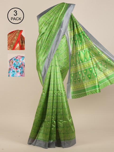 

Pothys Pack of 3 Ethnic Motifs Jute Silk Sarees, Green