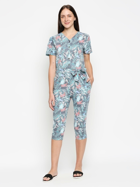 

XIN Grey & Pink Printed Capri Jumpsuit