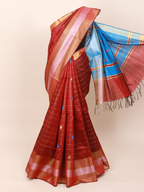 

Pothys Maroon Checked Jute Silk Saree