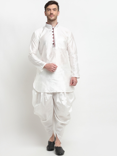 

Benstoke Men Solid White Dupion Silk Kurti with Dhoti Pants