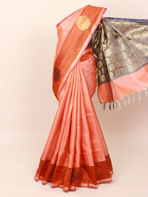 

Pothys Orange & Grey Floral Zari Jute Silk Saree
