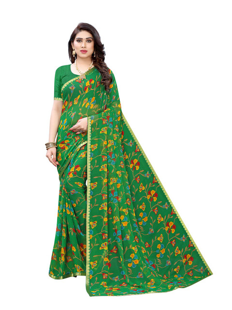 

KALINI Green & Yellow Floral Printed Pure Chiffon Saree