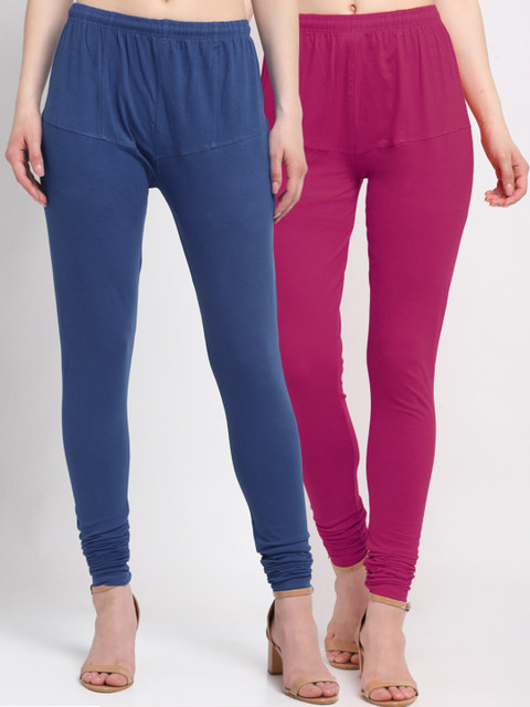 

KLOTTHE Women Pack Of 2 Solid Churidar-Length Cotton Leggings, Blue