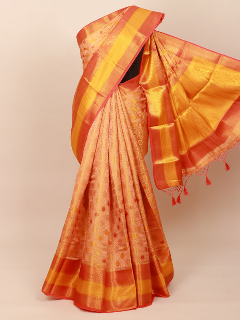 

Pothys Peach-Coloured & Yellow Floral Art Silk Banarasi Saree