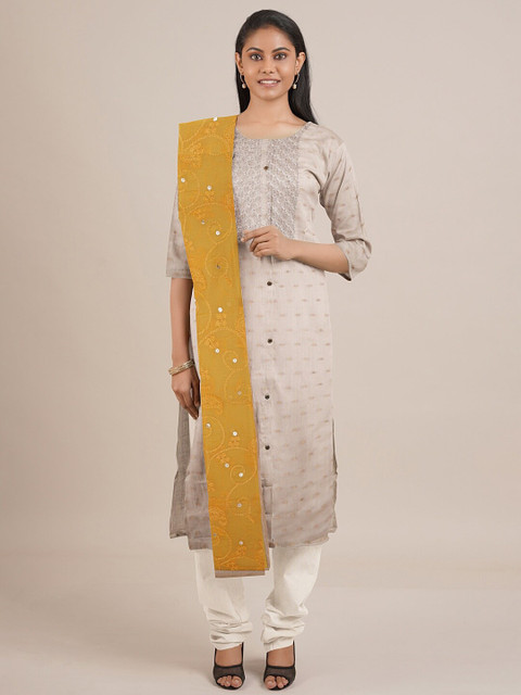 

Pothys Women Cream-Coloured & Yellow Embroidered Unstitched Dress Material