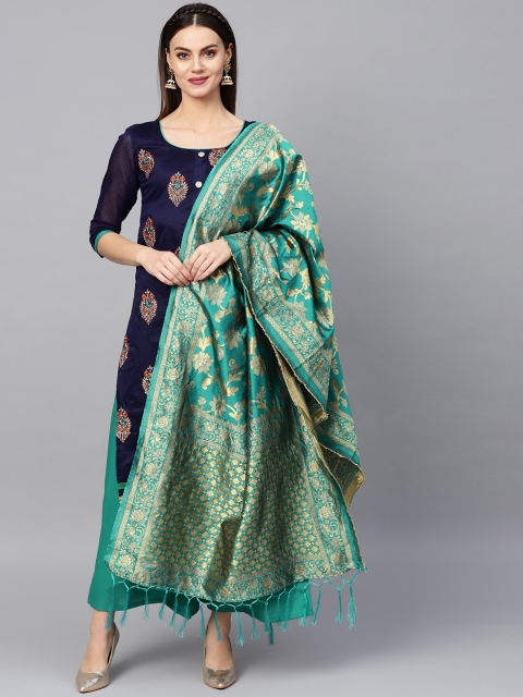 

Ishin Women Navy Blue Ethnic Motifs Embroidered Layered Thread Work Kurta with Palazzos & With Dupatta