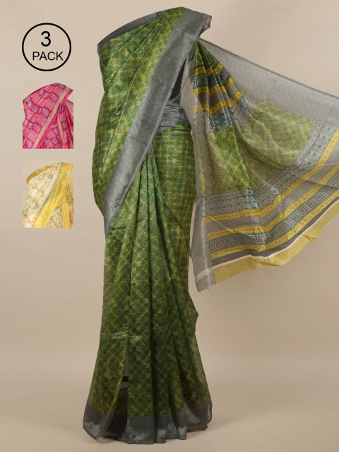 

Pothys Green & Yellow Pack of 3 Floral Jute Silk Saree