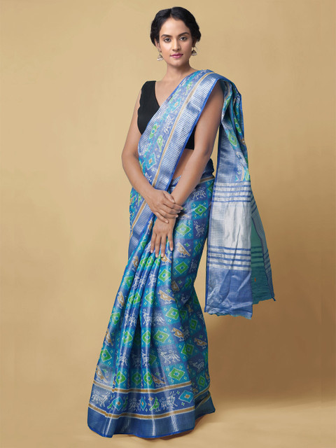 

Unnati Silks Blue & Green Ethnic Motifs Zari Pure Linen Patola Handloom Saree