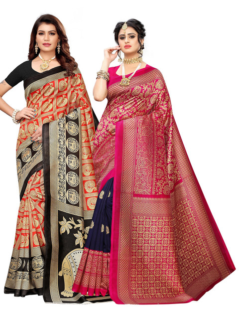 

KALINI Pack Of 2 Orange & Pink Ethnic Motifs Zari Art Silk Saree