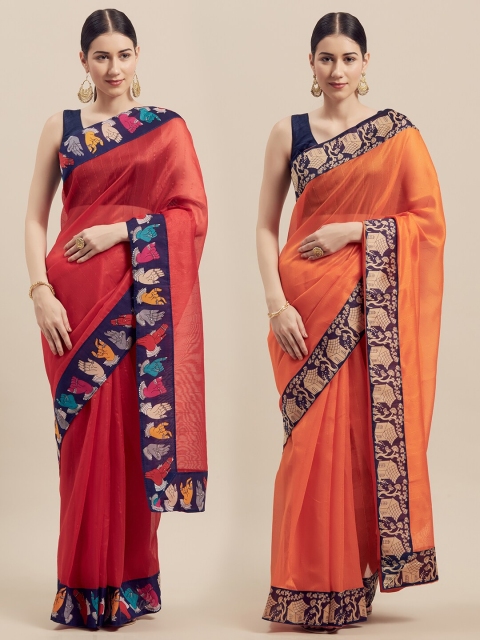 

KALINI Red & Orange Silk Blend Bhagalpuri Saree