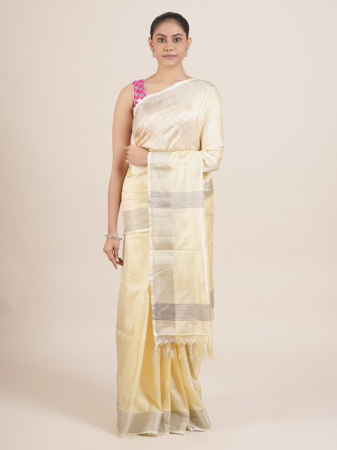 

Pothys Cream-Coloured & Silver-Toned Pure Silk Uppada Saree