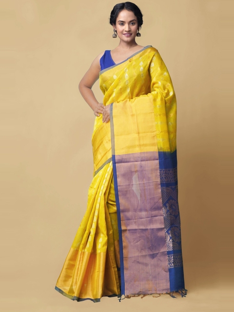 

Unnati Silks Yellow & Blue Floral Zari Silk Cotton Kanjeevaram Handloom Saree