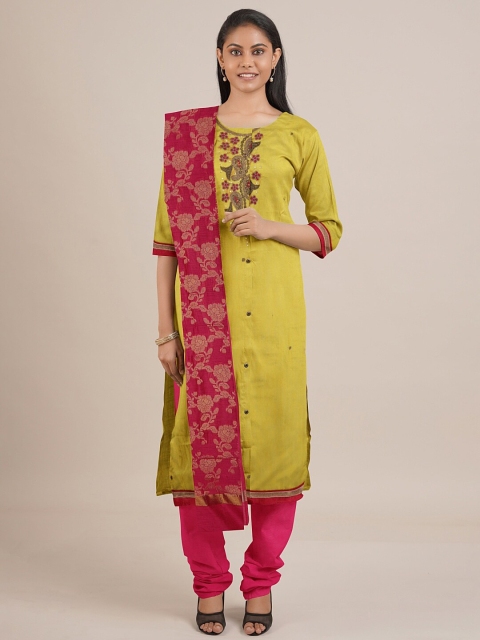 

Pothys Green & Pink Embellished Unstitched Dress Material