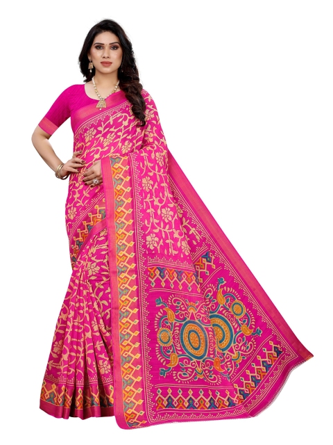 

KALINI Pink & Beige Floral Linen Blend Saree