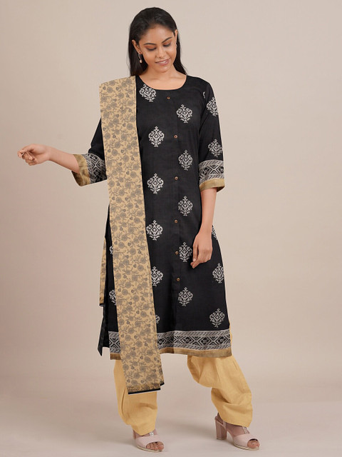 

Pothys Black & Beige Printed Unstitched Dress Material