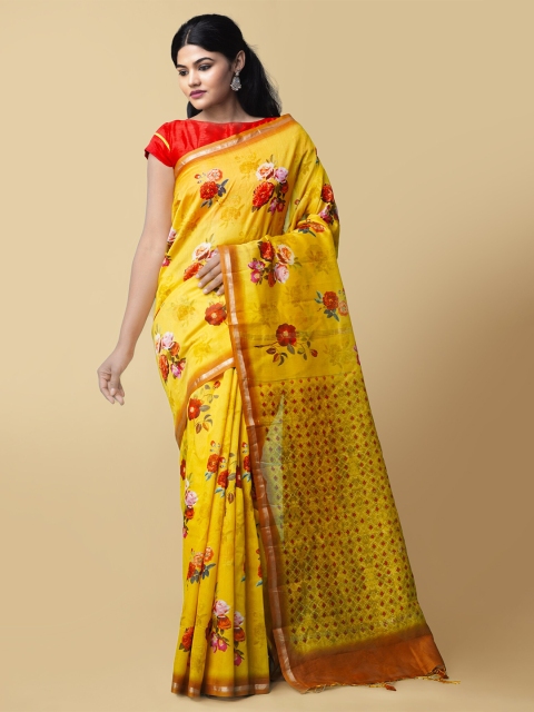 

Unnati Silks Yellow & Pink Floral Zari Silk Cotton Chanderi Saree