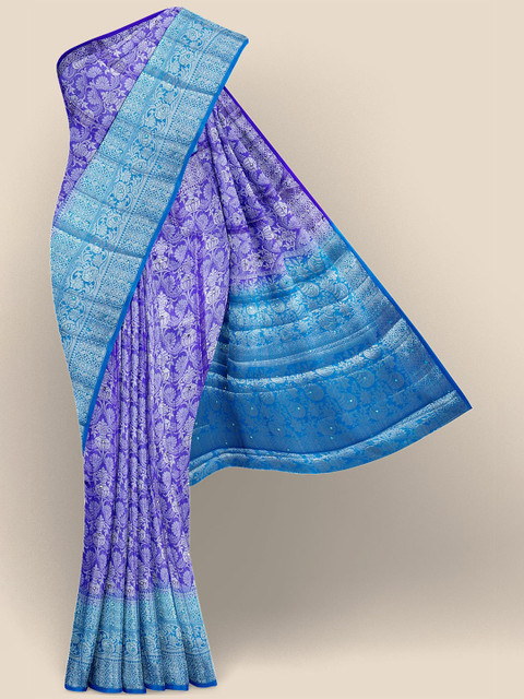 

Kalamandir Blue & Silver-Toned Ethnic Motifs Zari Silk Blend Banarasi Saree