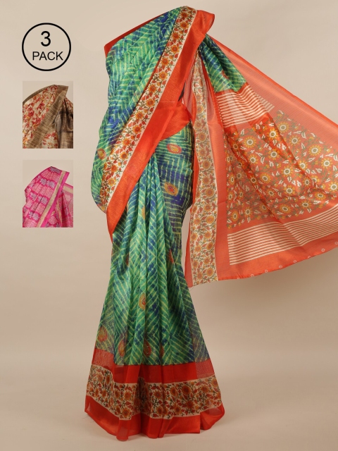 

Pothys Green & Orange Floral Jute Pack of 3 Silk Saree