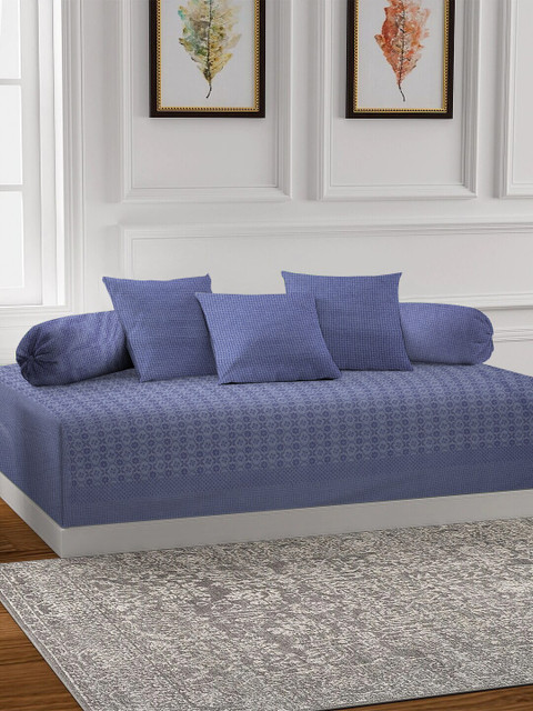 

NEUDIS Set Of 6 Blue Floral Woven Diwan Set With Bolsters & Cushions