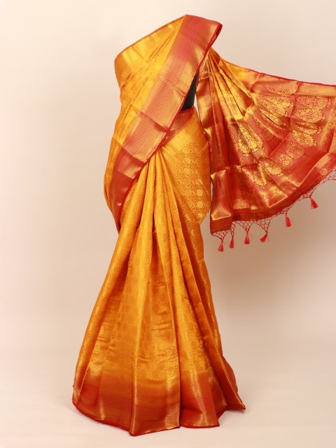 

Pothys Mustard Yellow & Gold-Toned Woven Design Art Silk Banarasi Saree