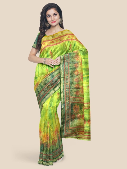 

KLM Fashion Mall Lime Green & Red Floral Linen Blend Saree