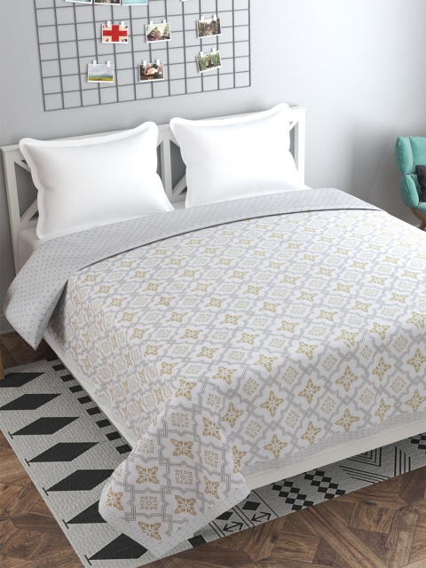 

Florida White & Mustard Yellow Floral AC Room 120 GSM Double Bed Dohar, Beige