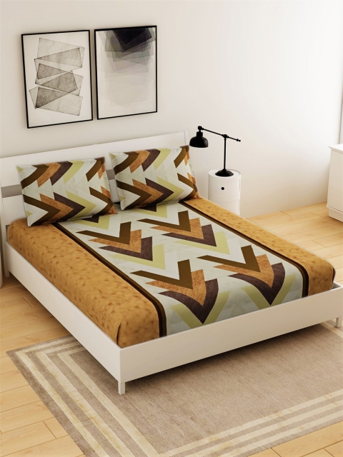 

Salona Bichona Brown Geometric 144 TC Cotton King Bedsheet with 2 Pillow Covers