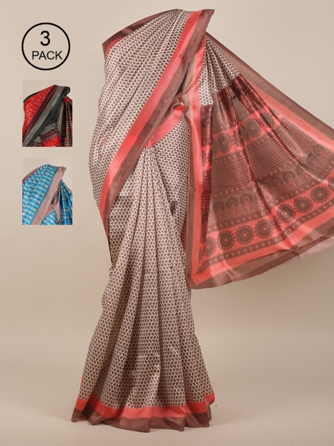 Pothys Cream-Coloured & Red Floral Pack of 3 Jute Silk Saree