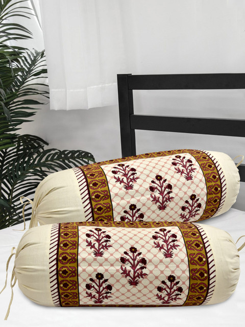 

Salona Bichona Set Of 2 Cream-Coloured & Maroon Floral Printed Pure Cotton 120 TC Bolster Covers