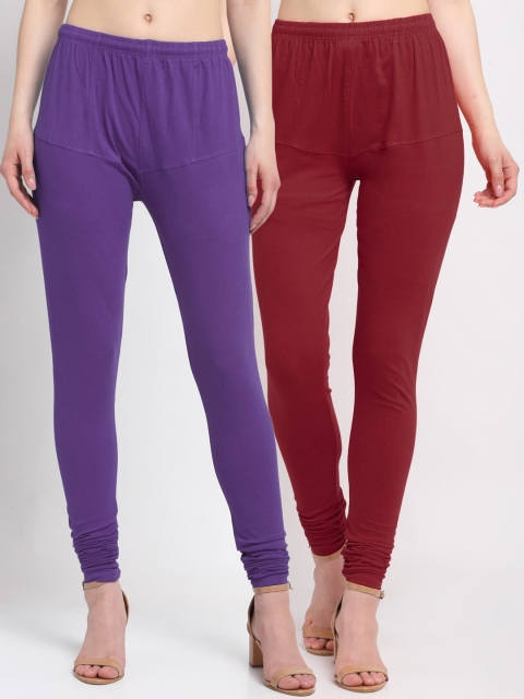

KLOTTHE Women Pack Of 2 Solid Churidar-Length Cotton Leggings, Purple