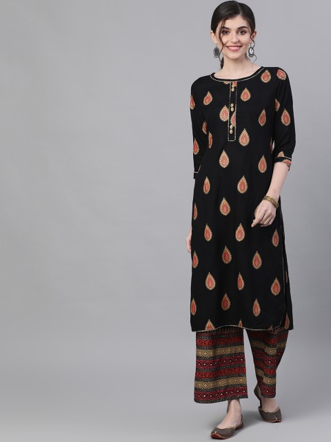 

Ishin Women Black Ethnic Motifs Printed Panelled Kurta with Palazzos