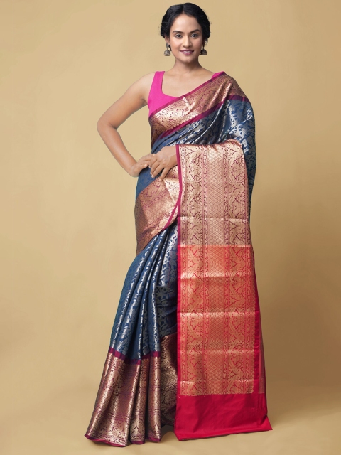 

Unnati Silks Blue & Red Woven Design Zari Silk Cotton Kanjeevaram Saree