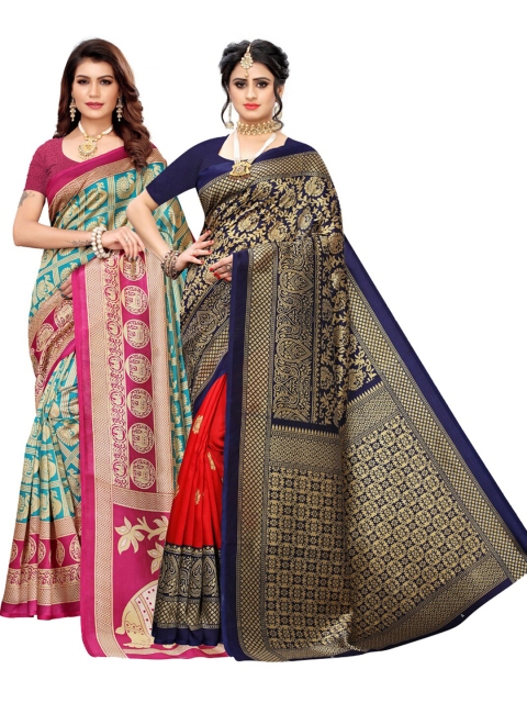 

KALINI Teal & Navy Blue Pack of 2 Ethnic Motifs Art Silk Saree