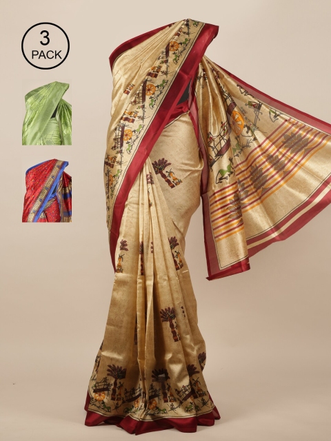 

Pothys Pack Of 3 Jute Silk Sarees, Cream