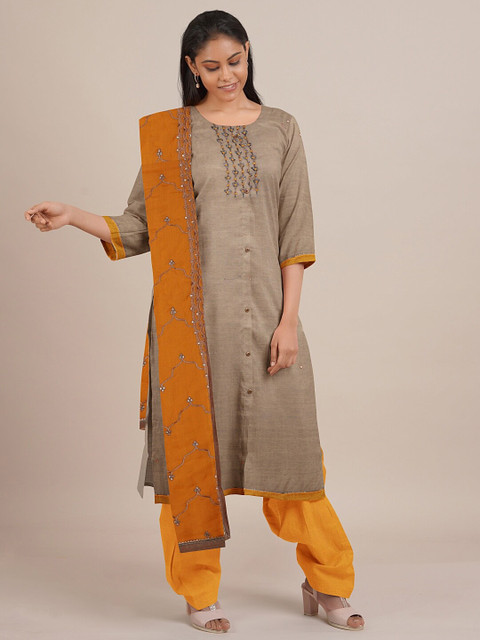 

Pothys Grey & Yellow Embroidered Unstitched Dress Material