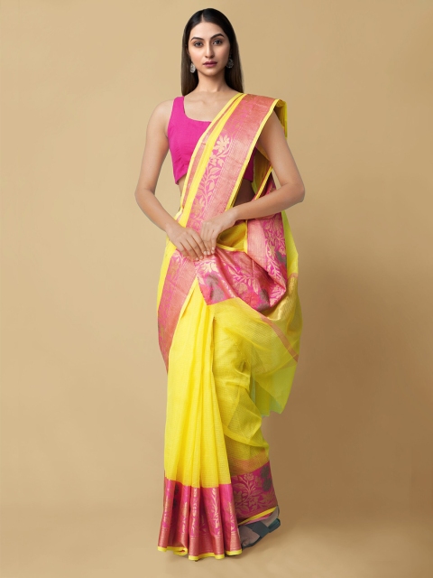 

Unnati Silks Yellow & Pink Checked Zari Silk Blend Kota Saree
