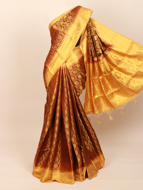 

Pothys Brown & Gold-Toned Ethnic Motifs Zari Art Silk Banarasi Saree