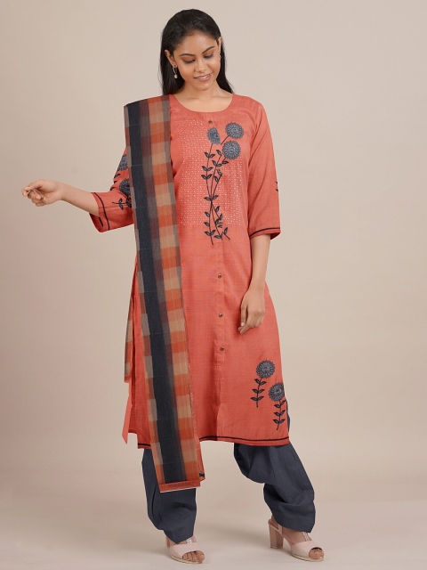 

Pothys Peach-Coloured & Grey Embroidered Unstitched Dress Material