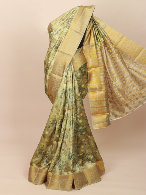 

Pothys Green & Gold-Toned Floral Art Silk Saree